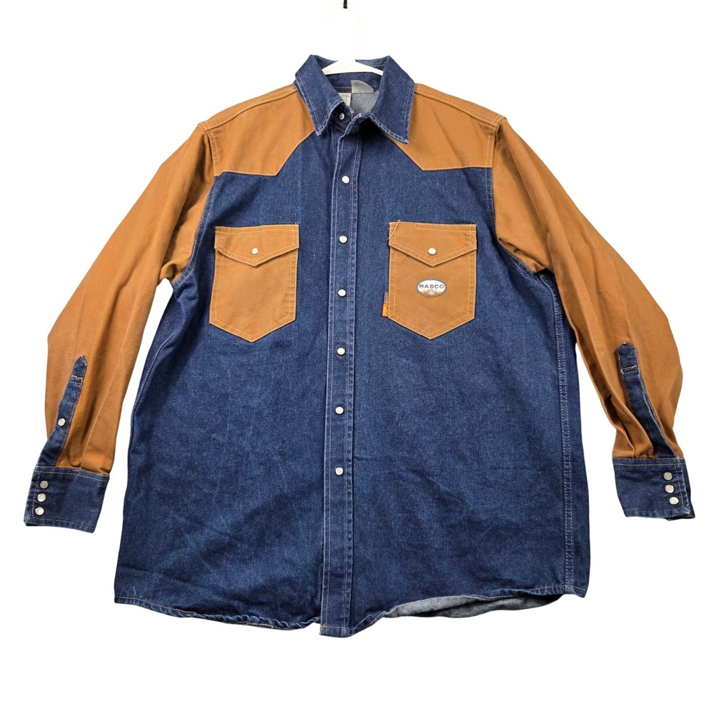 Rasco FR Work Shirt Mens XL Blue Brown Excellent Flame Resistant Denim Duck